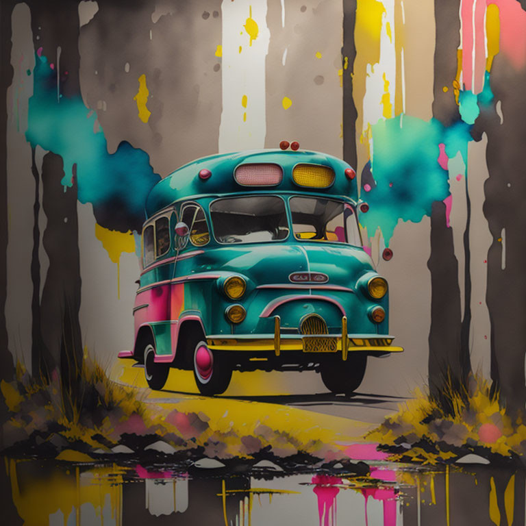 Vintage Turquoise and Pink Bus on Gray Background with Colorful Paint Drips