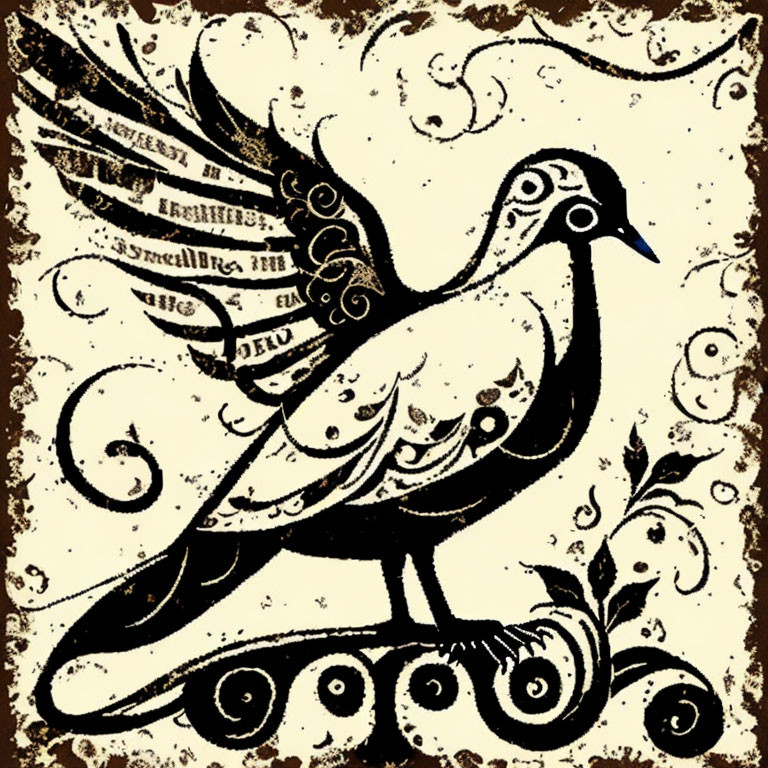 Ornamental Dove Illustration on Sepia Background