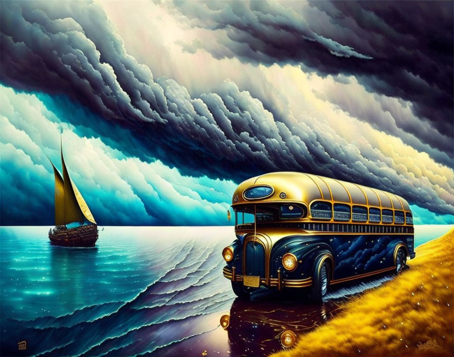 Vintage bus and sailboat in stormy sea with dramatic sky