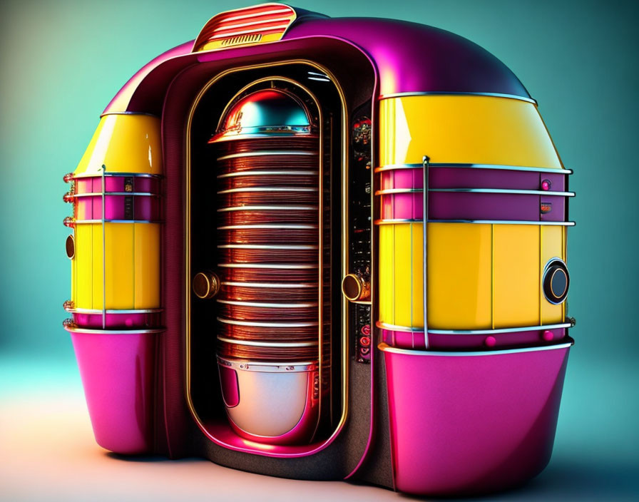 Vibrant retro-style jukebox in magenta and yellow on teal background