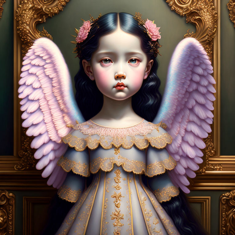 Child with Angel Wings in Vintage Dress with Gold Details and Ornate Frame