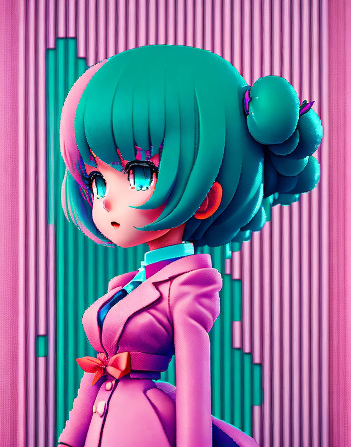 Teal-Haired Character in Buns in Pink Suit on Striped Background