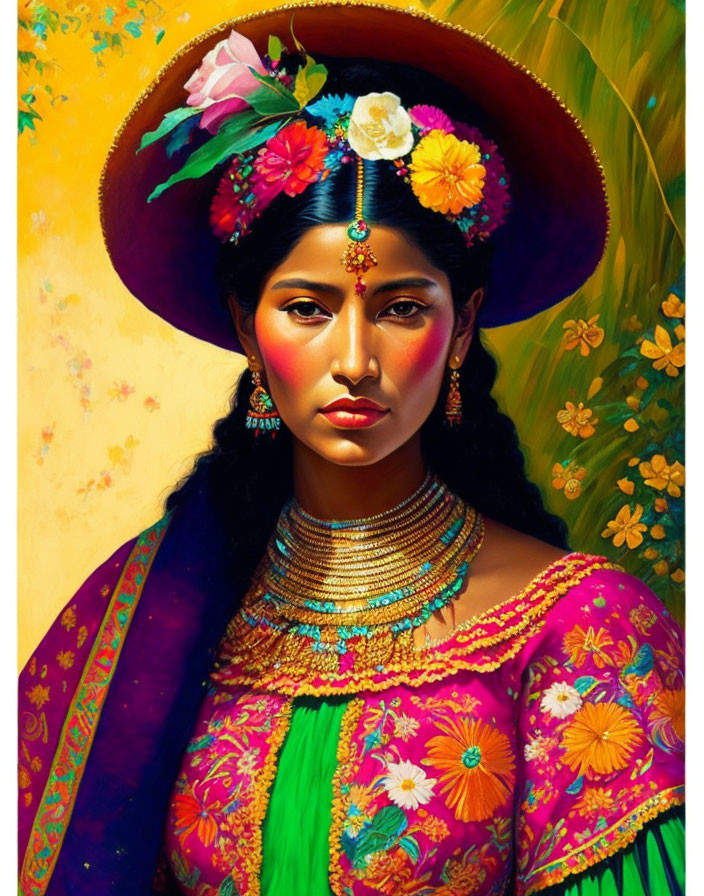 Colorful portrait of a woman in traditional attire with floral hat and jewelry