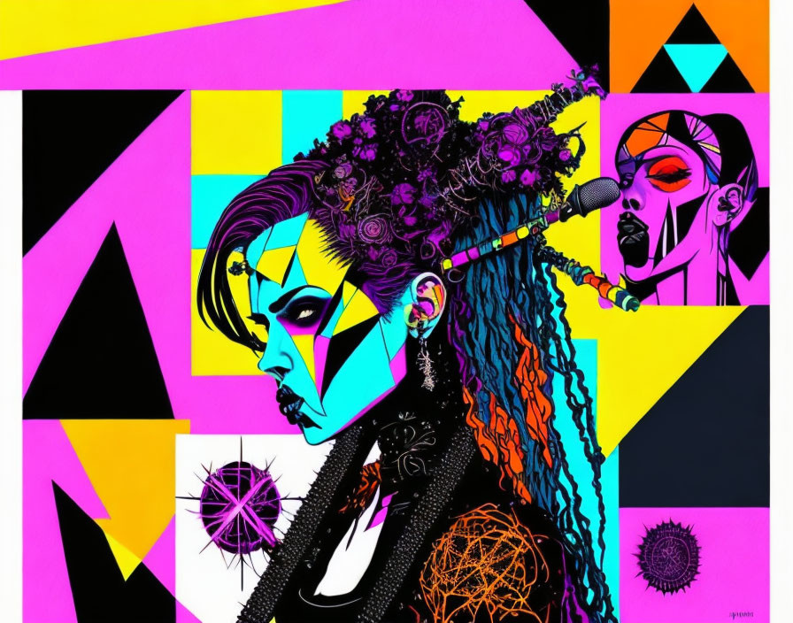 Colorful abstract art: stylized female figure with decorative hair and earrings on vibrant geometric backdrop.