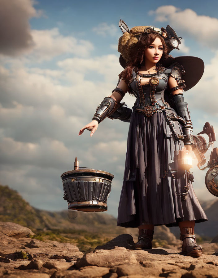 Steampunk-themed woman with mechanical accessories on rocky terrain