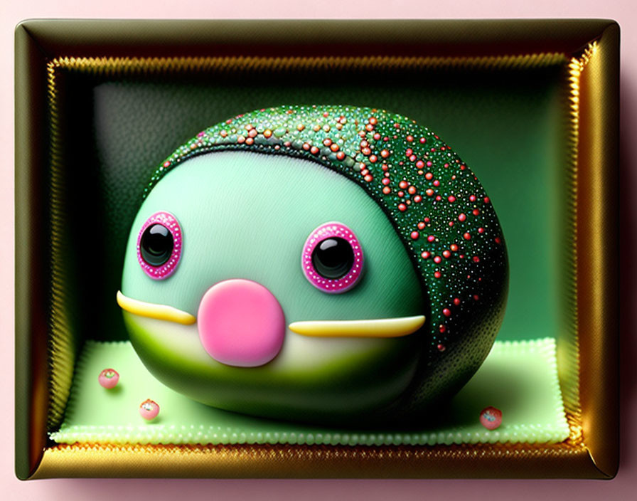 Colorful spherical creature with large eyes and pink nose in decorative frame on green background