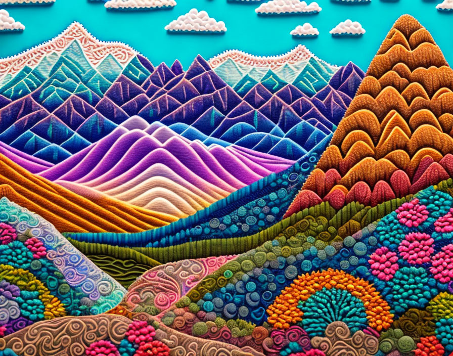 Colorful Textured Artwork of Stylized Mountain Ranges and Cloudy Sky