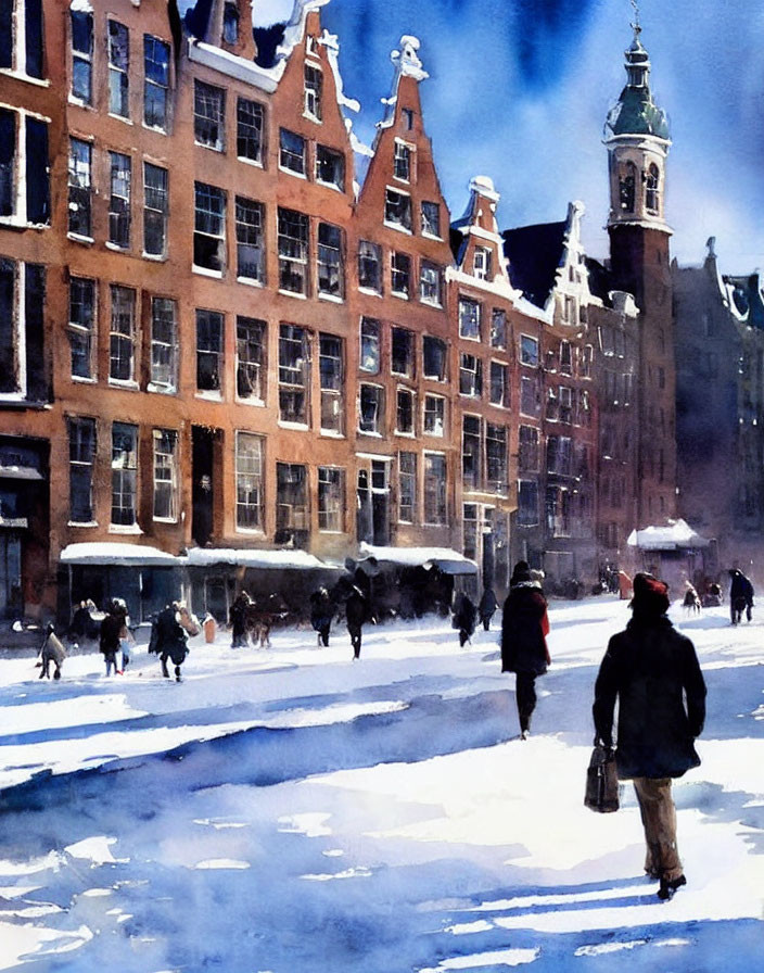 Snow-covered city streets with people and Dutch buildings under blue sky