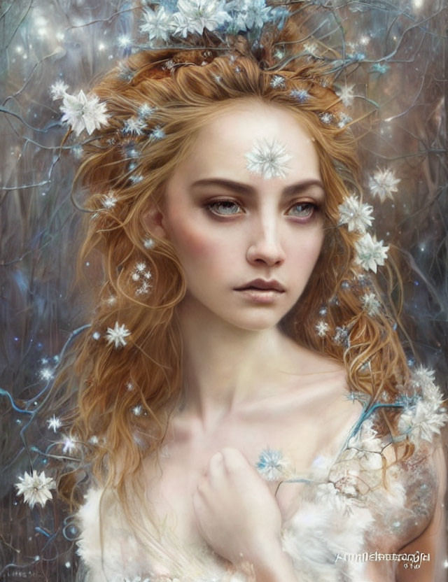 Fantasy portrait of woman with floral and icy elements and snowflake.