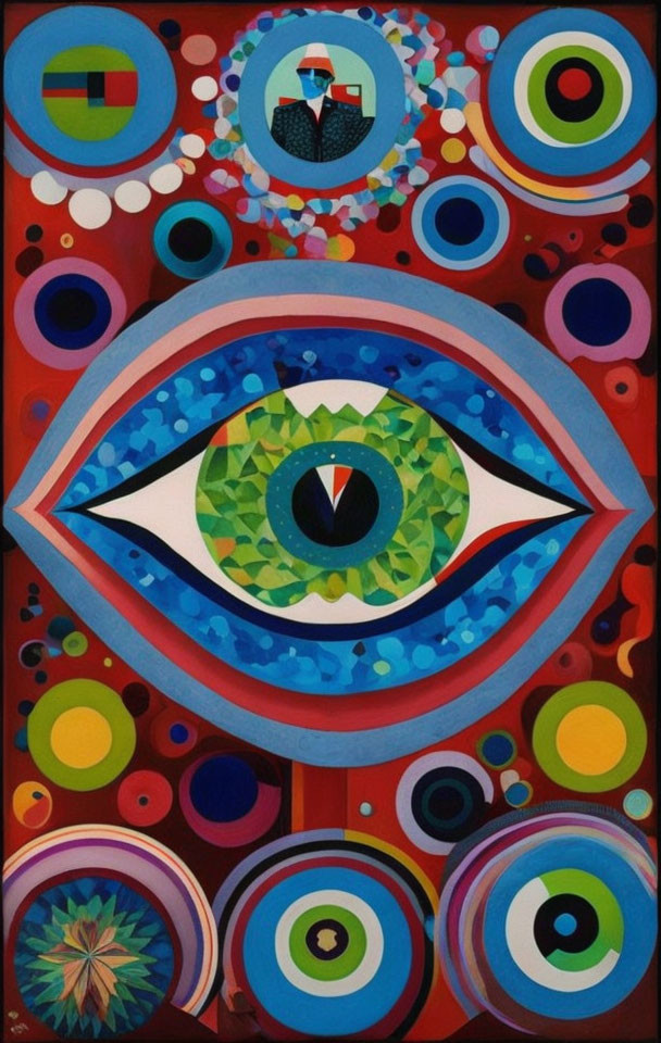 Vibrant abstract painting with eye motif and geometric shapes