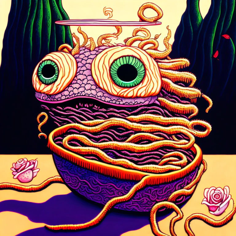 Vibrant psychedelic illustration of noodles, creature, and flowers