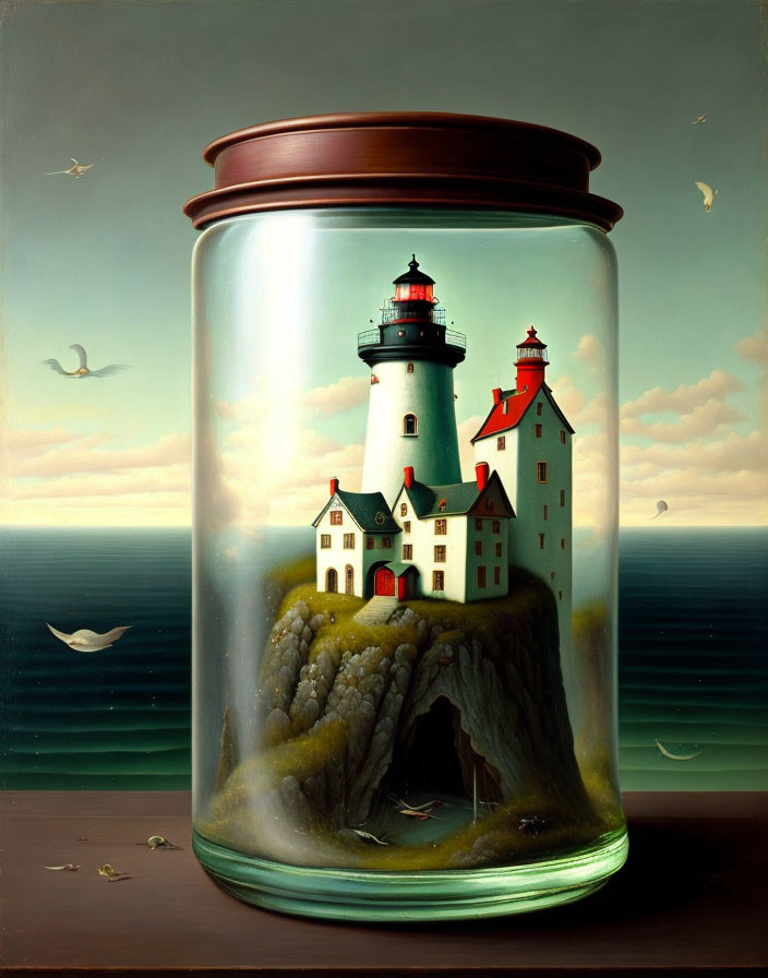 Surreal painting: Two lighthouses in glass jar by the sea