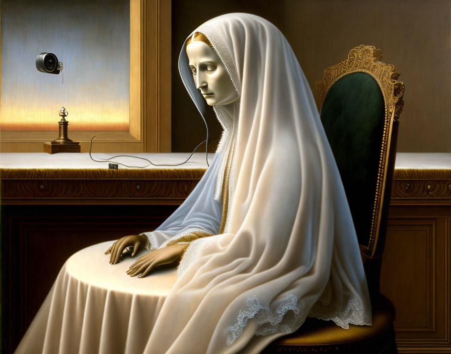 Surreal painting: Veiled woman with mask-like face at table with chess piece