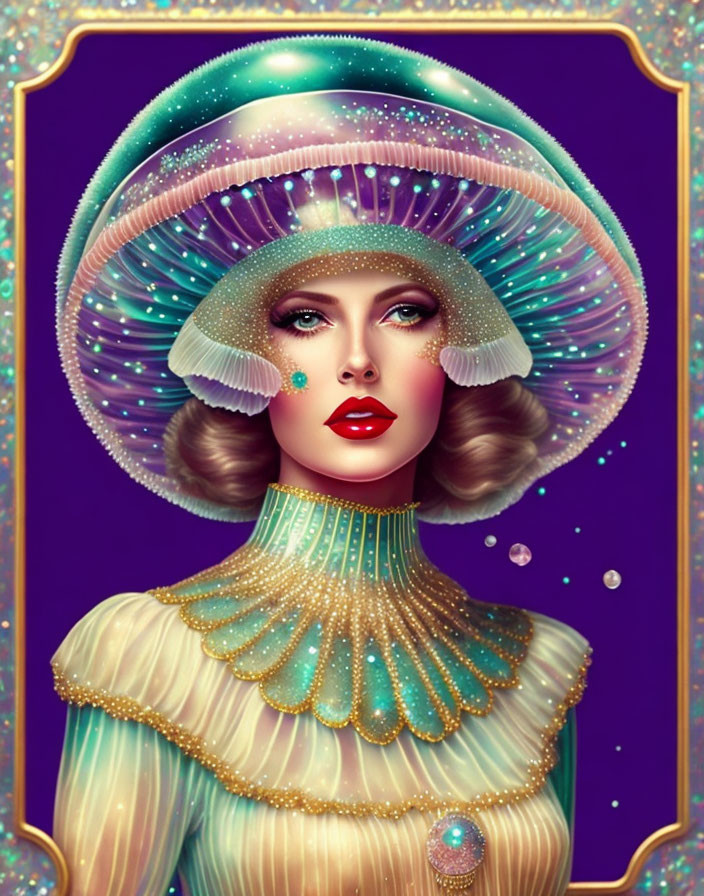 Cosmic-themed woman portrait with elaborate headdress and ornate outfit