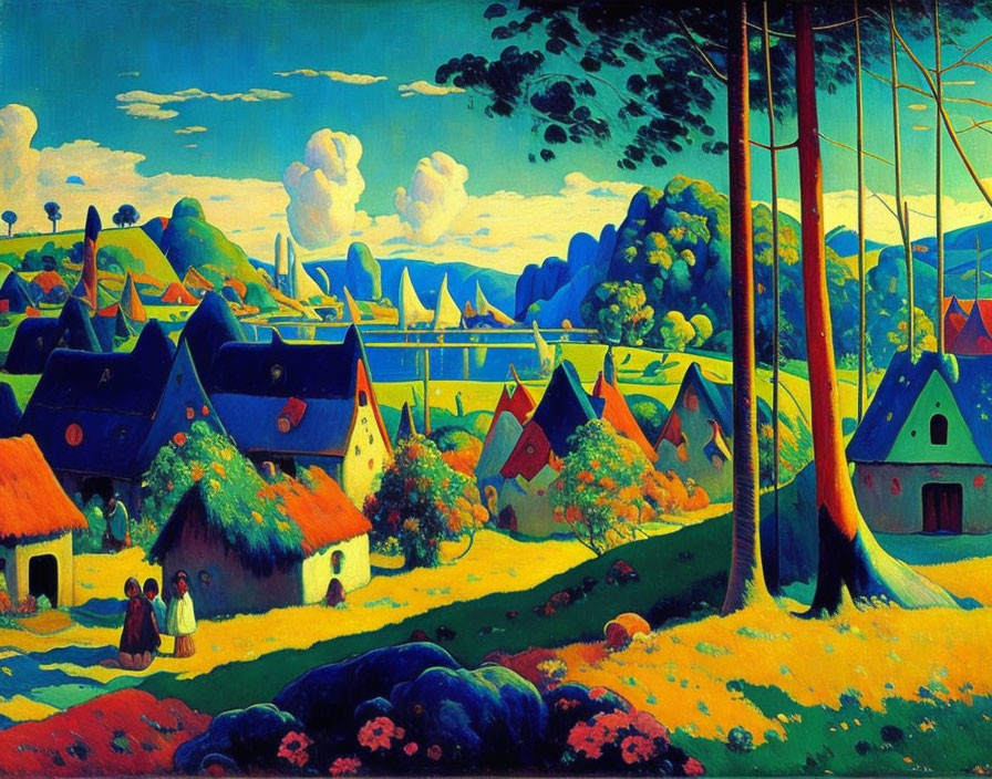 Colorful Rural Landscape Painting with Stylized Houses and Trees