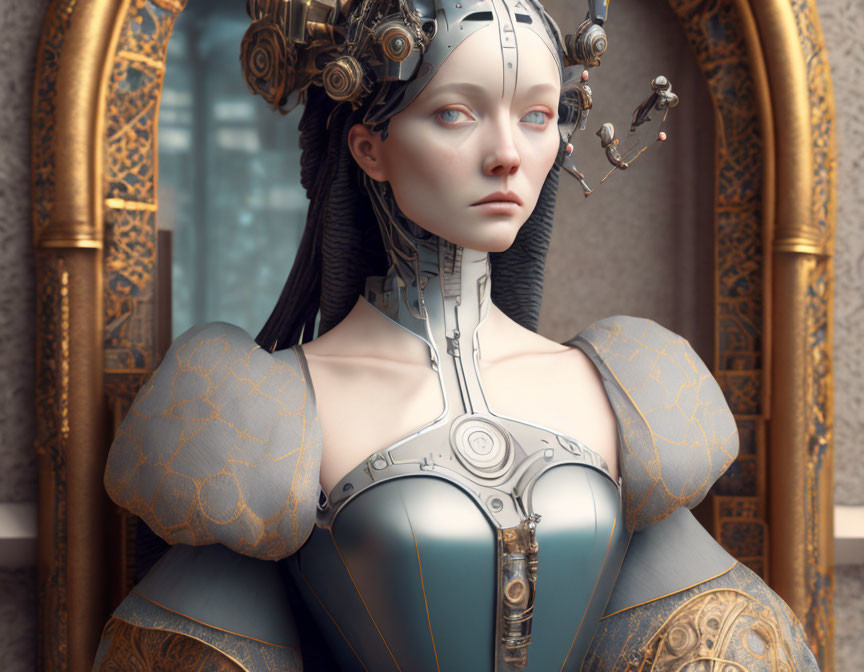 Detailed Futuristic Female Cyborg Artwork with Ornate Headgear and Mechanical Components against Luxurious Background