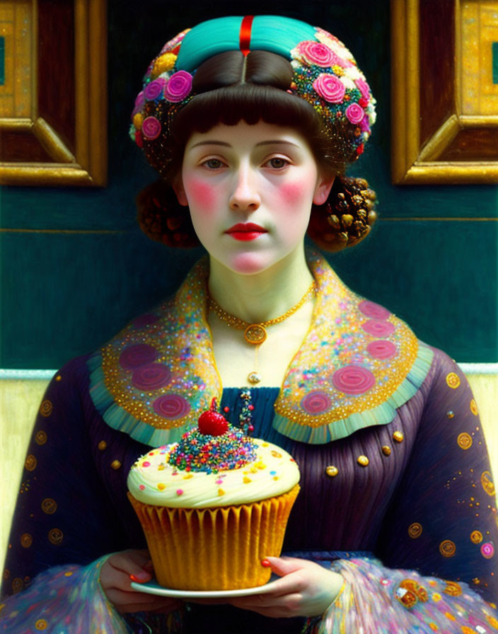 Intricate Headdress Woman with Large Cupcake in Colorful Setting