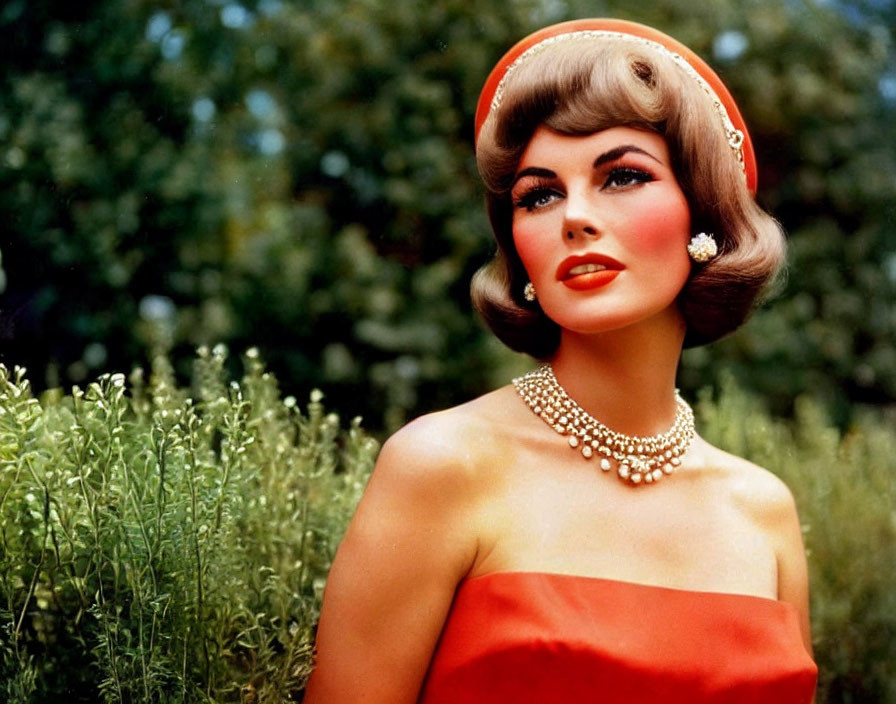 Vintage Portrait of Woman in Red Dress and Pearls in Green Setting