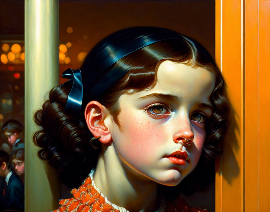 Hyperrealistic Painting of Young Girl with Curly Hair and Blue Ribbon