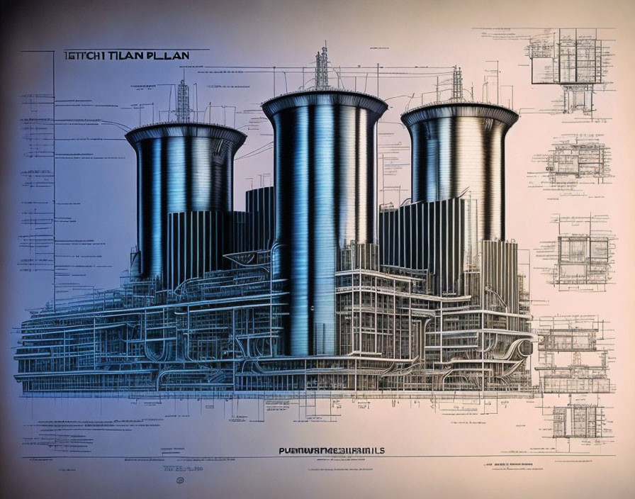 Detailed Blueprint Illustration of Industrial Plant with Cooling Towers and Piping Measurements