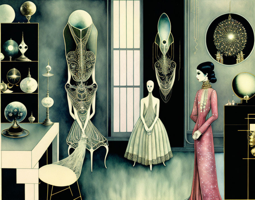 Ethereal stylized illustration of elegant figures in cosmic-themed room