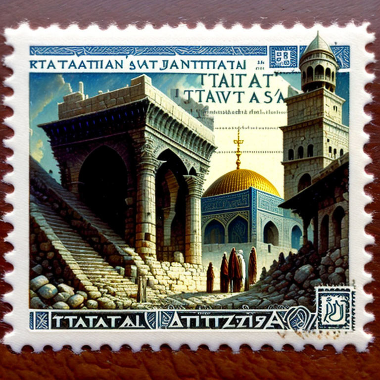 Historic building with blue dome on illustrated postage stamp