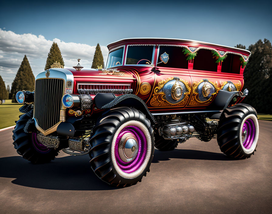 Vintage hearse transformed into monster truck with oversized wheels parked on grass