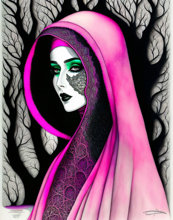 Illustration of woman in pink hijab with green eyes and black veil on leafy background