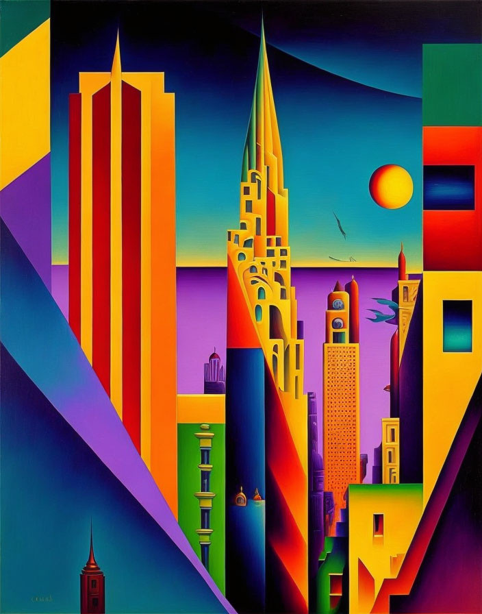 Abstract cityscape with geometric shapes and vibrant colors under surreal red circle