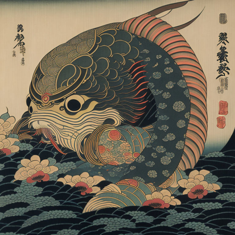 Detailed Mythical Carp Swimming Among Waves and Flowers in Japanese Ukiyo-e Art