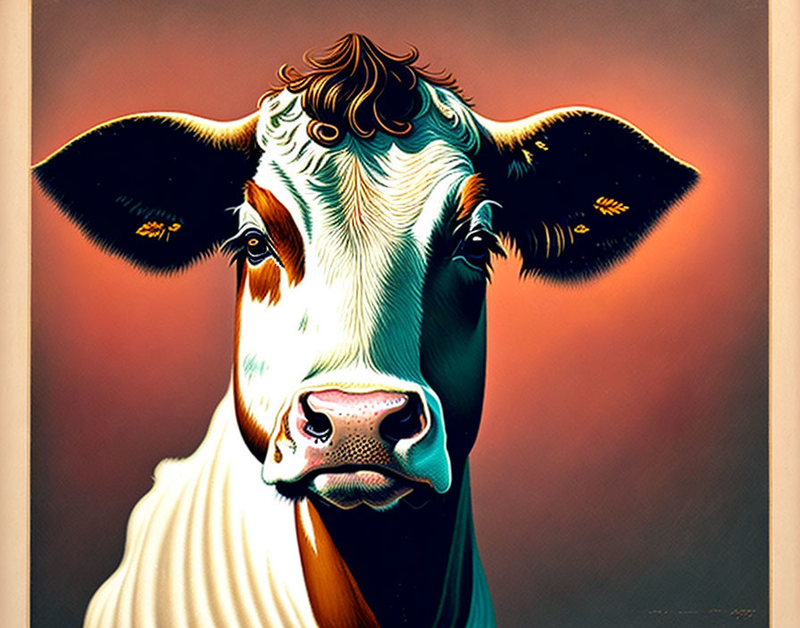 Stylized cow art: warm colors, black and white patterns, brown eyes