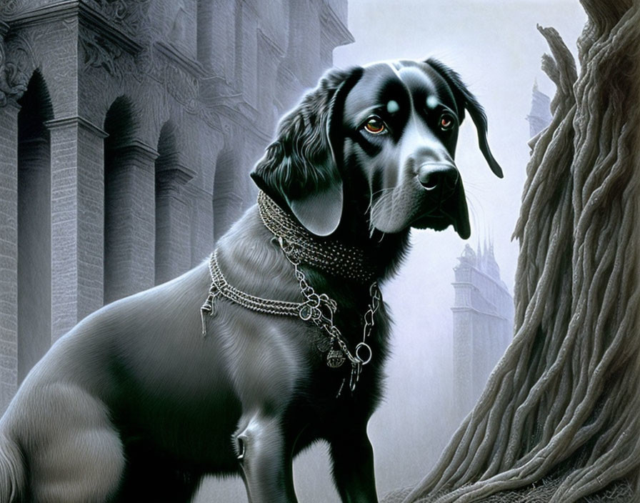 Black Dog with Expressive Eyes in Gothic Architectural Setting