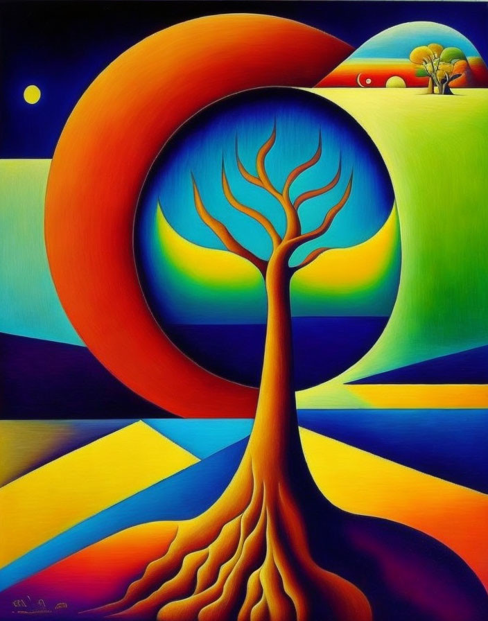 Surreal painting of stylized tree against geometric landscape