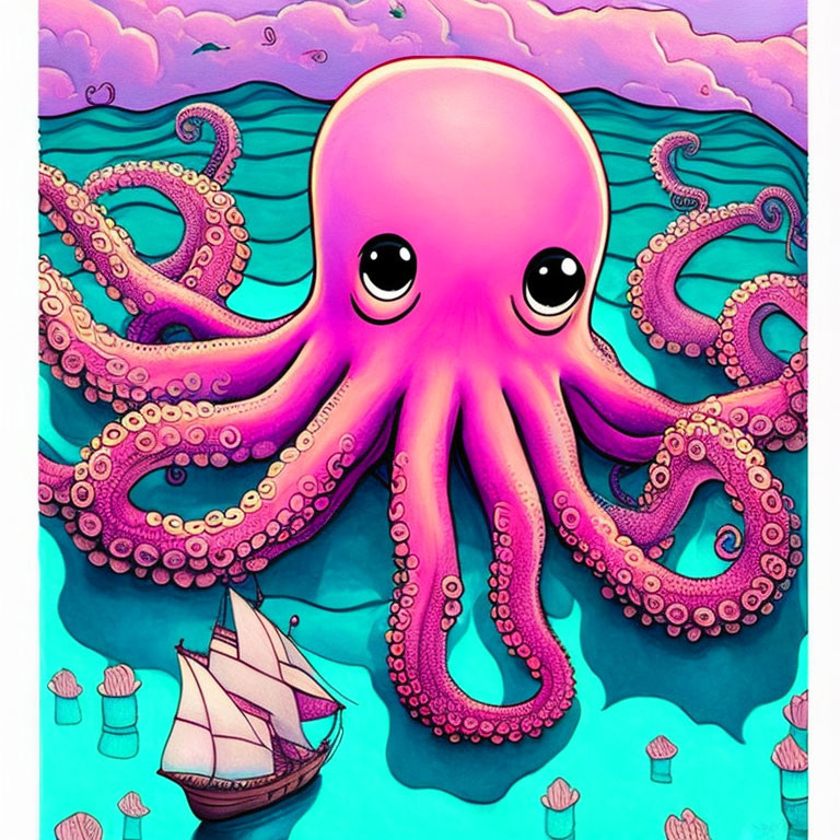 Colorful Illustration: Pink Octopus and Sailing Ship on Turquoise Sea