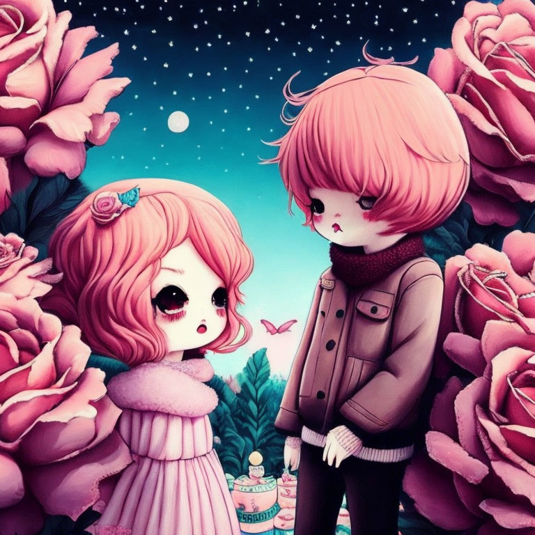 Stylized characters with large eyes in colorful hair among oversized roses under a starry sky.