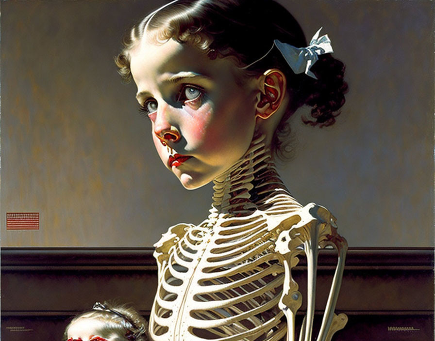 Surreal painting: girl with skeletal features on dark background