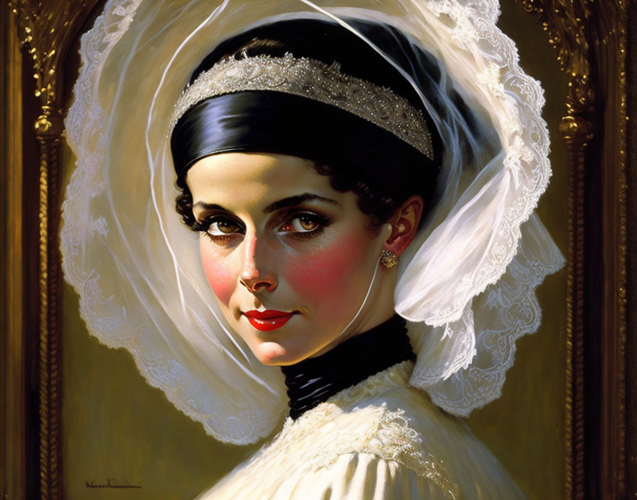 Portrait of a woman with black headband and white veil on golden background