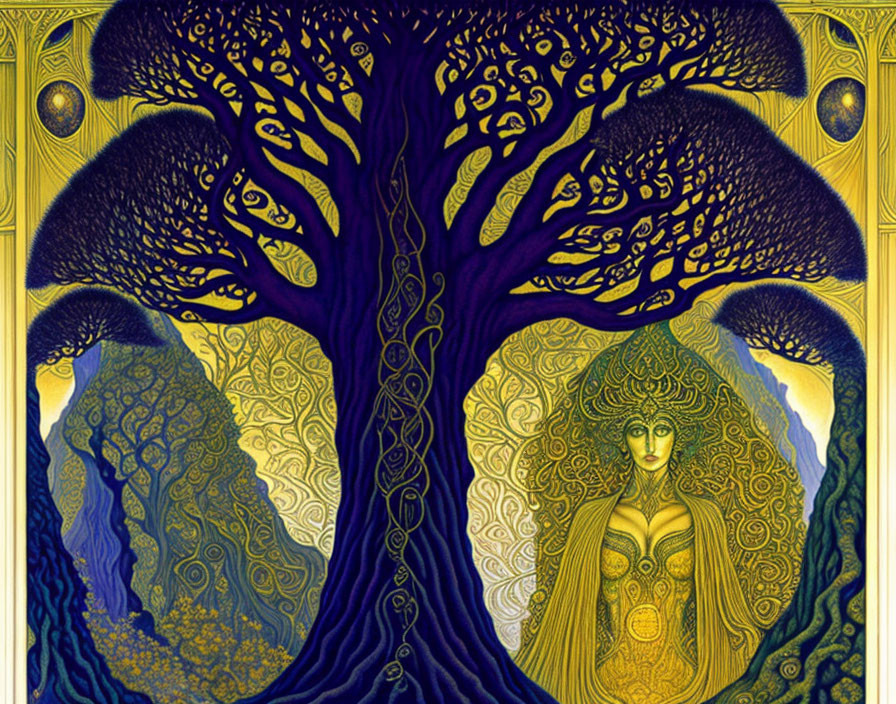 Detailed Artwork: Stylized Tree with Integrated Female Figure and Golden Patterns