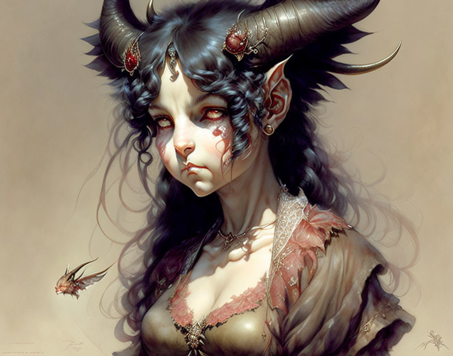 Fantasy illustration of female figure with horns and jewelry