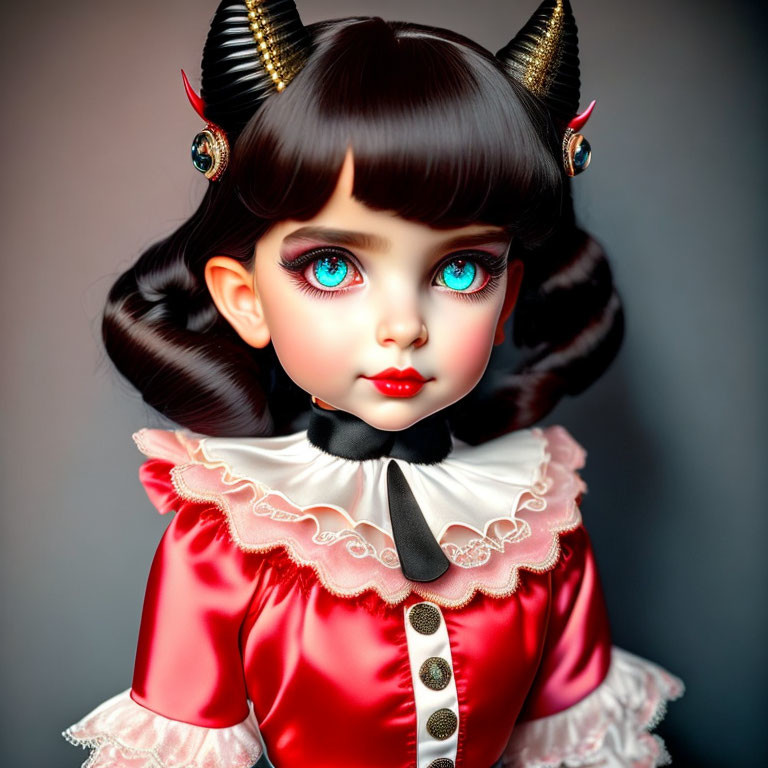 Digital illustration: Doll with blue eyes, black hair, horns, red & black outfit