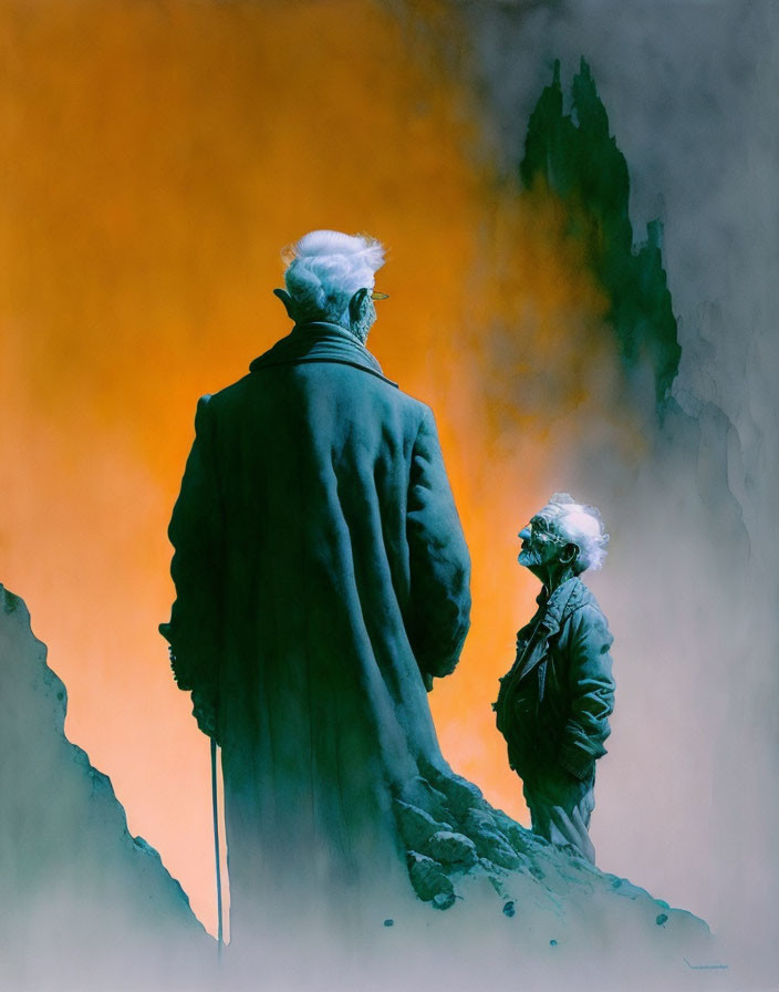 Abstract illustration of two contemplative figures against warm backdrop