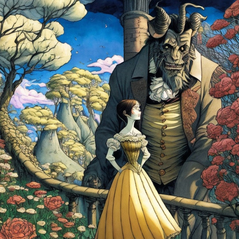 Woman in yellow dress next to horned beast in fantastical forest with blooming trees.