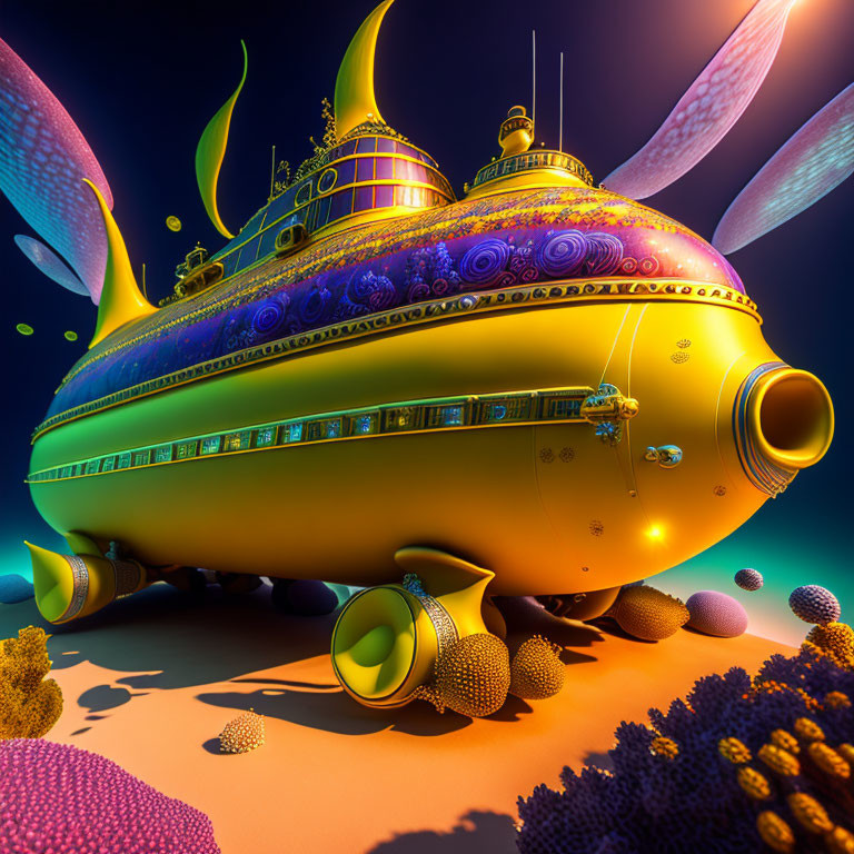 Vibrant submarine on alien seabed with intricate designs and fantastical coral structures under purple sky