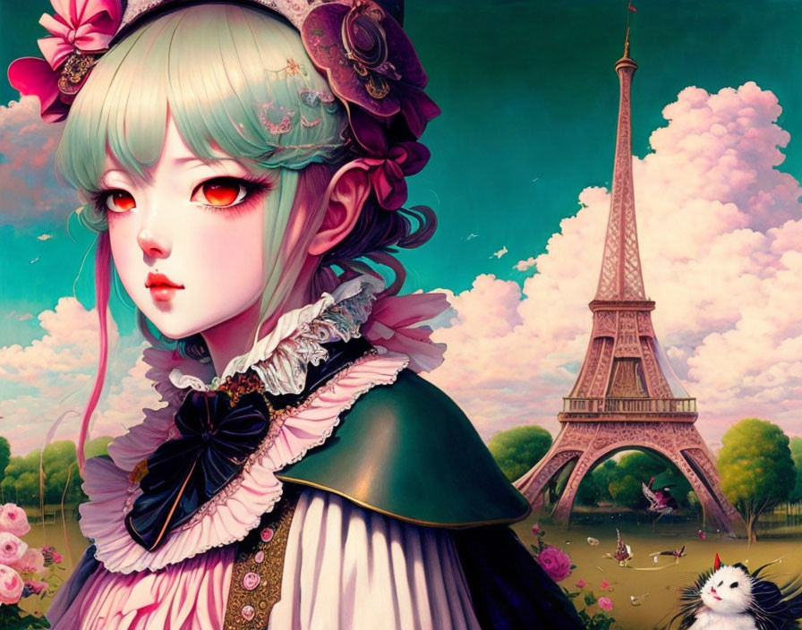 Illustration of girl with red eyes, green hair, Victorian attire, Eiffel Tower, pink