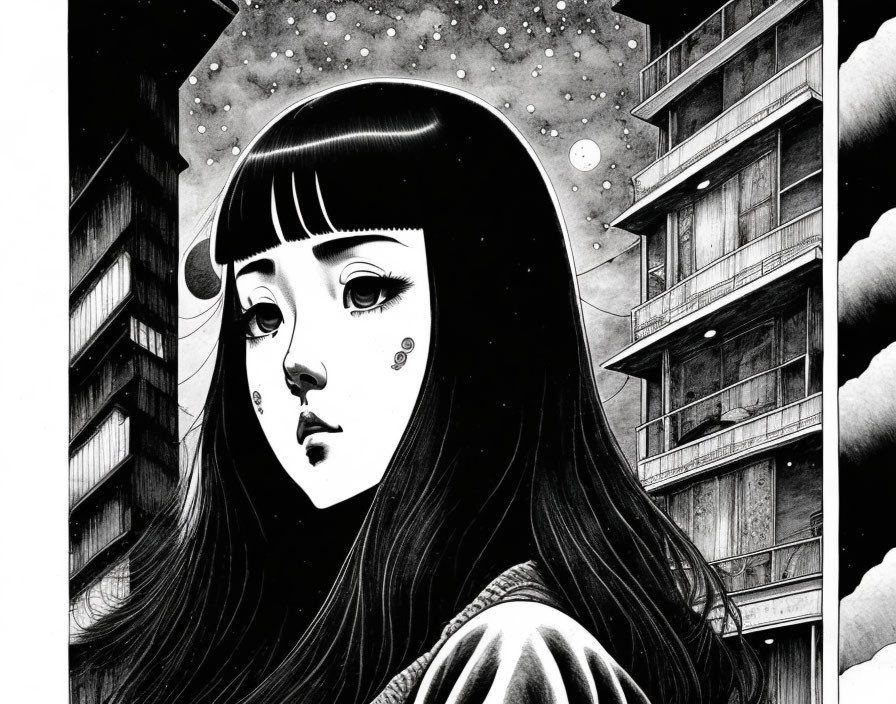 Monochrome illustration of melancholic female face with planetary motifs, set against starry cityscape.