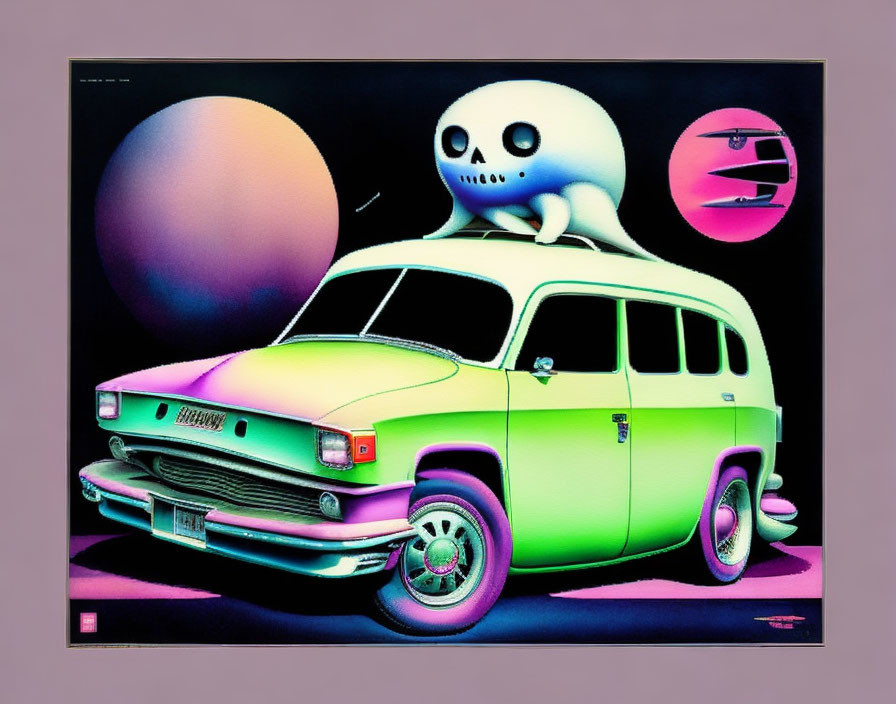 Retro-styled green and pink van with skull, planets, and face illustration