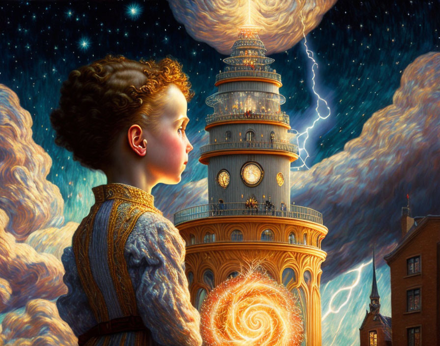 Young girl mesmerized by swirling energy portal near mystical clock tower under starry sky