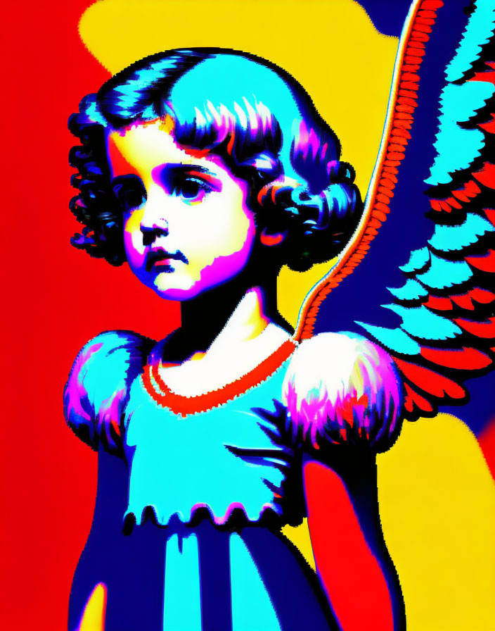 Digitally altered portrait of child with angel wings in high-contrast color palette