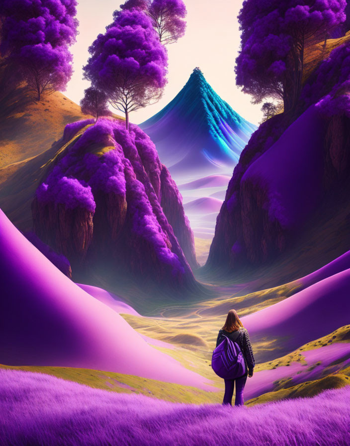 Surreal purple landscape with lavender fields, magenta trees, and blue mountain