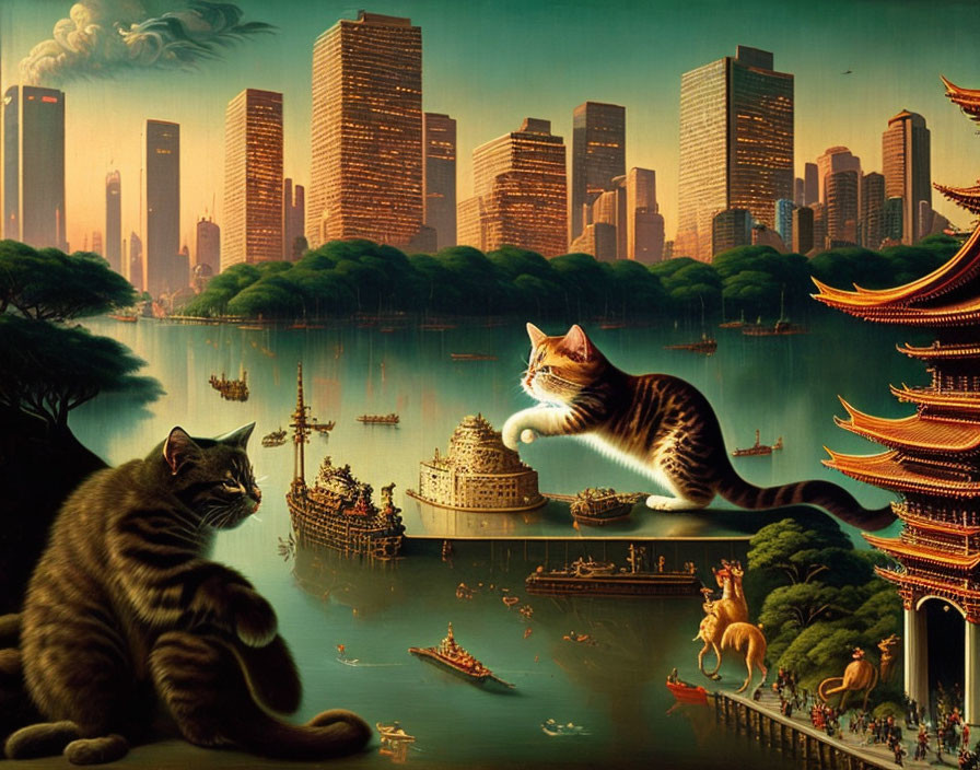 Fantastical cityscape with Asian architecture and giant cats.